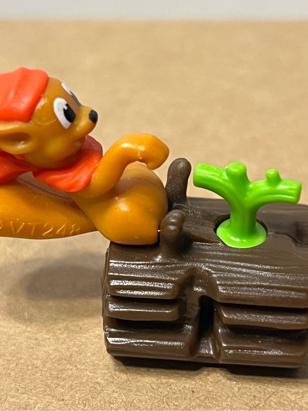 Orange Squirrel Play Figure with Brown Log and Bright Green Sapling